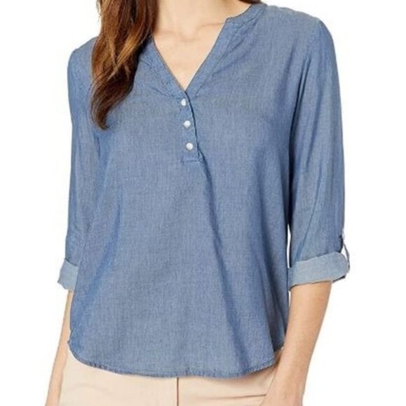 NYDJ Henley Popover Blouse with Roll Tab Sleeves - M - Picture 1 of 7